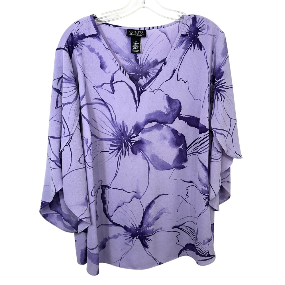 Catherines Plus Size 18/20W Top 1X Purple Floral‎ Dramatic Split Sleeve 793